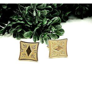 Vintage Gold Tone Textured Square Leaf and Diamond Detailed Cufflinks